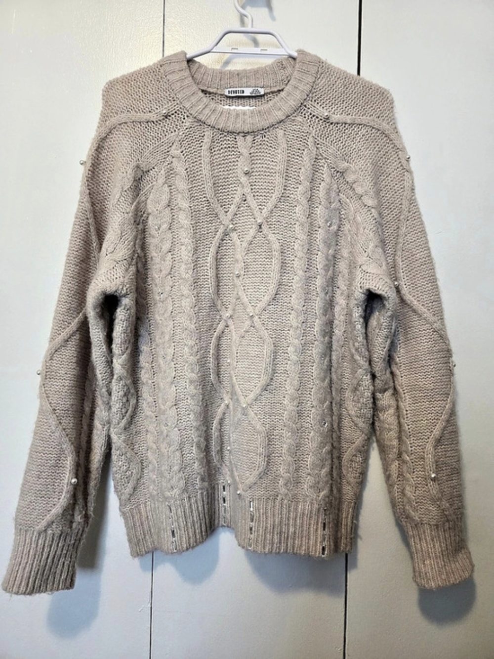 Devoted Women's M Beige/Off-White Cable Knit Embellished Sweater